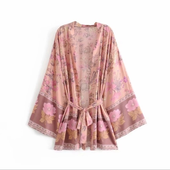 Boho Floral Print Short Kimono Belted Cover up - Picture 6 of 14
